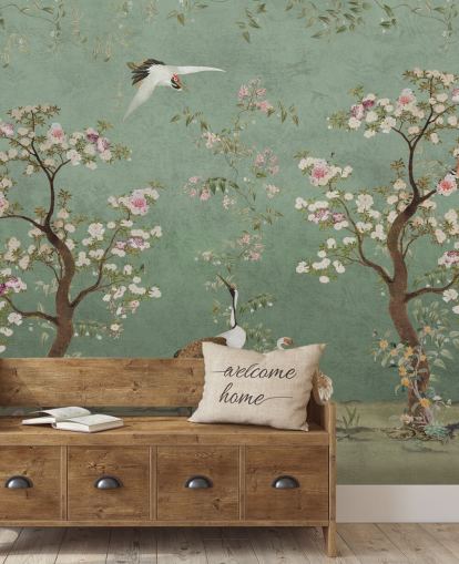 murale in cineserie personalizzato verde chiamato Mint Green Lingering Garden Chinoiserie by Bloomery Decor
