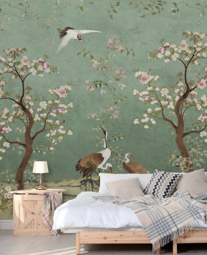 groene chinoiserie-muurschildering op maat genaamd Mint Green Lingering Garden Chinoiserie van Bloomery Decor groene chinoiserie-muurschildering op maat genaamd Mint Green Lingering Garden Chinoiserie van Bloomery Decor