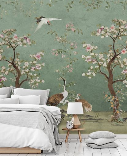 grön anpassad chinoiserie väggmålning kallad Mint Green Lingering Garden Chinoiserie av Bloomery Decor