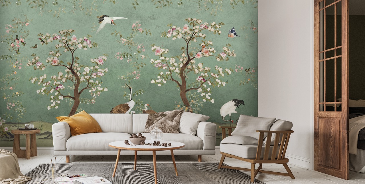 Mint Green Lingering Garden Chinoiserie Mural | Wallsauce US