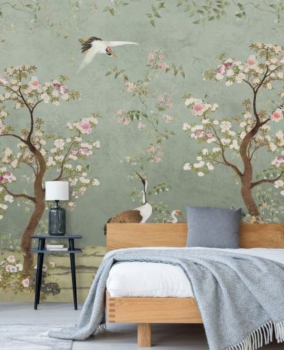 groene tuinmuurschildering op maat genaamd Sage Green Lingering Garden Chinoiserie van Bloomery Decor