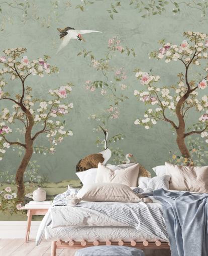 grønt tilpasset hagemaleri kalt Sage Green Lingering Garden Chinoiserie av Bloomery Decor