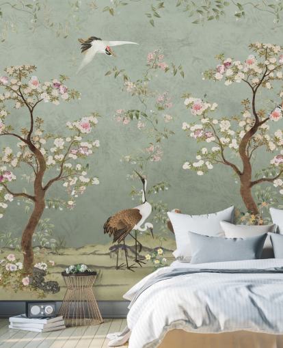 mural de jardim verde personalizado chamado Sage Green Lingering Garden Chinoiserie da Bloomery Decor