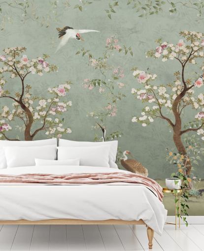 peinture murale de jardin personnalisée verte appelée Sage Green Lingering Garden Chinoiserie par Bloomery Decor