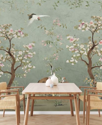 groene tuinmuurschildering op maat genaamd Sage Green Lingering Garden Chinoiserie van Bloomery Decor