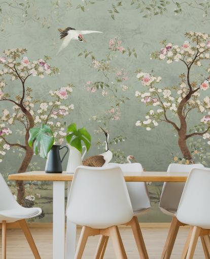 groene tuinmuurschildering op maat genaamd Sage Green Lingering Garden Chinoiserie van Bloomery Decor