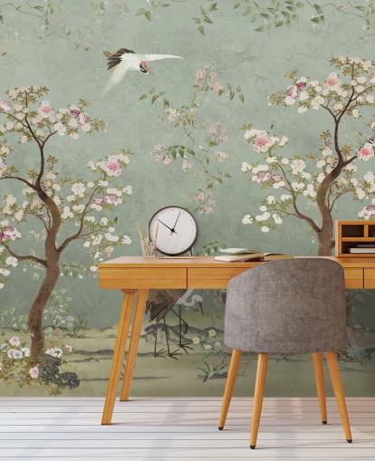 murale da giardino personalizzato verde chiamato Sage Green Lingering Garden Chinoiserie di Bloomery Decor