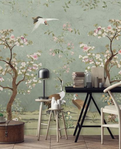 peinture murale de jardin personnalisée verte appelée Sage Green Lingering Garden Chinoiserie par Bloomery Decor
