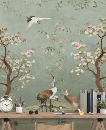 murale da giardino personalizzato verde chiamato Sage Green Lingering Garden Chinoiserie di Bloomery Decor