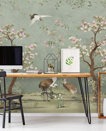 groene tuinmuurschildering op maat genaamd Sage Green Lingering Garden Chinoiserie van Bloomery Decor