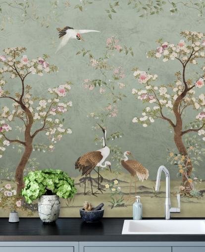 peinture murale de jardin personnalisée verte appelée Sage Green Lingering Garden Chinoiserie par Bloomery Decor