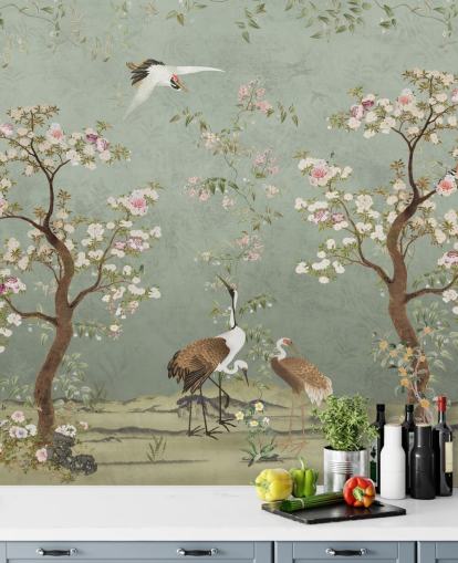 murale da giardino personalizzato verde chiamato Sage Green Lingering Garden Chinoiserie di Bloomery Decor