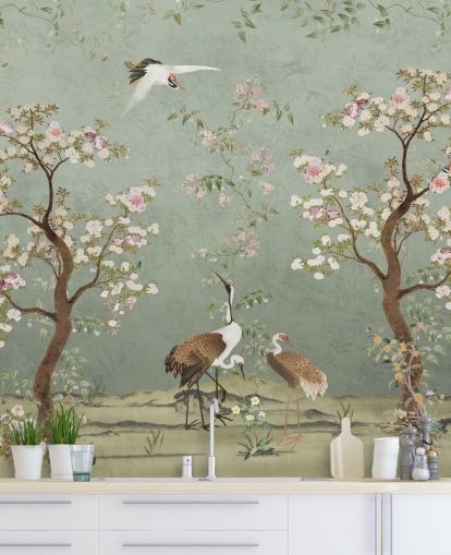 grønt tilpasset hagemaleri kalt Sage Green Lingering Garden Chinoiserie av Bloomery Decor grønt tilpasset hagemaleri kalt Sage Green Lingering Garden Chinoiserie av Bloomery Decor