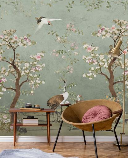 green custom garden mural called Sage Green Lingering Garden Chinoiserie by Bloomery Decor green custom garden mural called Sage Green Lingering Garden Chinoiserie by Bloomery Decor