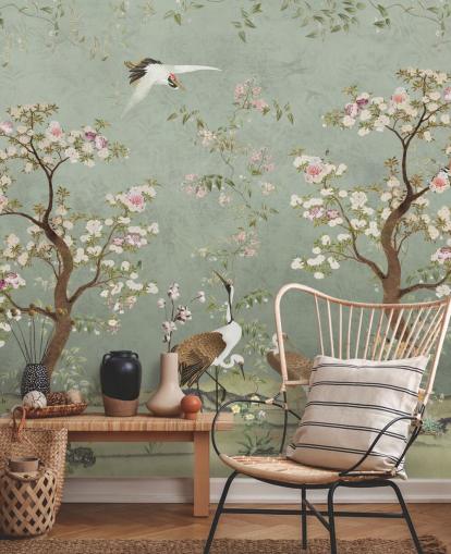 grønt tilpasset hagemaleri kalt Sage Green Lingering Garden Chinoiserie av Bloomery Decor