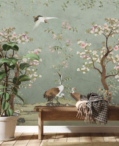peinture murale de jardin personnalisée verte appelée Sage Green Lingering Garden Chinoiserie par Bloomery Decor