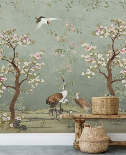 mural de jardim verde personalizado chamado Sage Green Lingering Garden Chinoiserie da Bloomery Decor