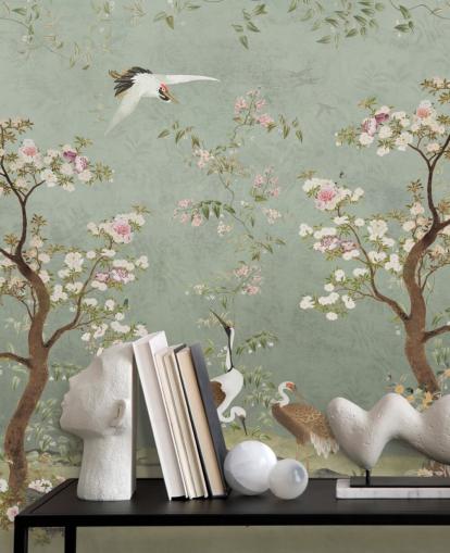 groene tuinmuurschildering op maat genaamd Sage Green Lingering Garden Chinoiserie van Bloomery Decor groene tuinmuurschildering op maat genaamd Sage Green Lingering Garden Chinoiserie van Bloomery Decor