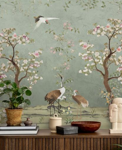 grønt brugerdefineret havevægmaleri kaldet Sage Green Lingering Garden Chinoiserie af Bloomery Decor