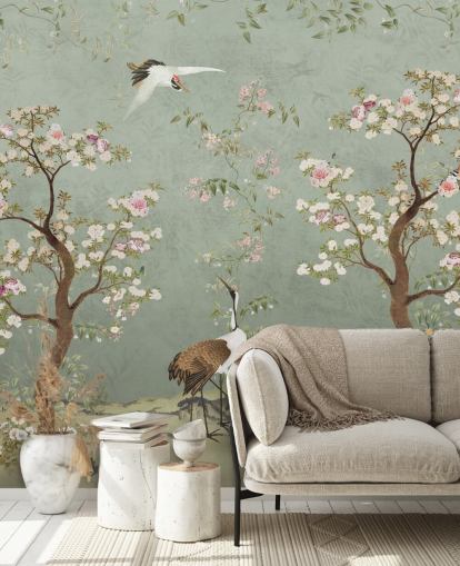 groene tuinmuurschildering op maat genaamd Sage Green Lingering Garden Chinoiserie van Bloomery Decor