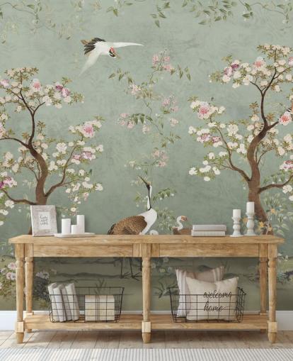 groene tuinmuurschildering op maat genaamd Sage Green Lingering Garden Chinoiserie van Bloomery Decor groene tuinmuurschildering op maat genaamd Sage Green Lingering Garden Chinoiserie van Bloomery Decor