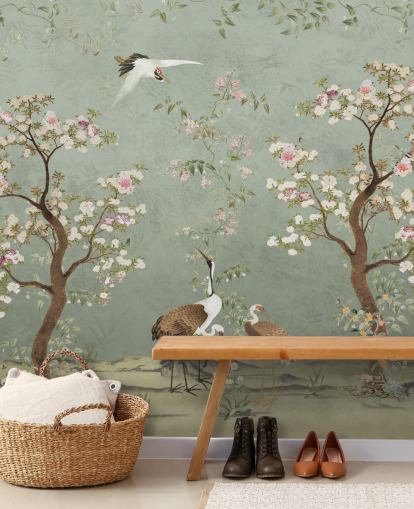 murale da giardino personalizzato verde chiamato Sage Green Lingering Garden Chinoiserie di Bloomery Decor