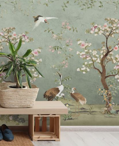 grønt tilpasset hagemaleri kalt Sage Green Lingering Garden Chinoiserie av Bloomery Decor