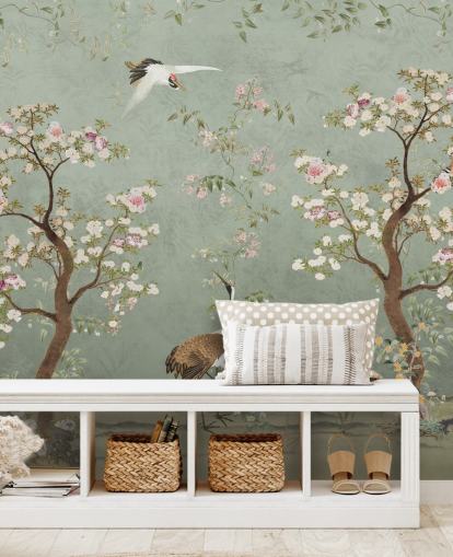 peinture murale de jardin personnalisée verte appelée Sage Green Lingering Garden Chinoiserie par Bloomery Decor