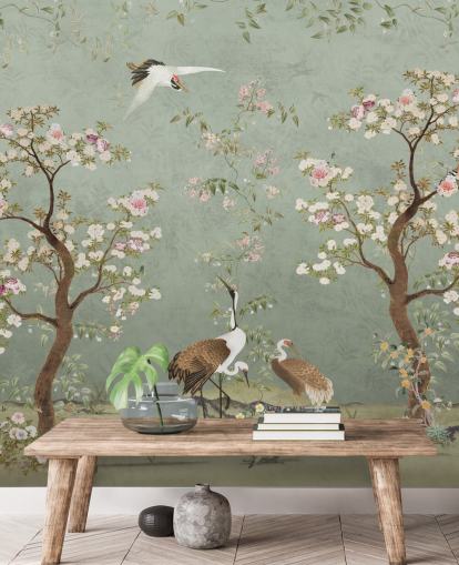 murale da giardino personalizzato verde chiamato Sage Green Lingering Garden Chinoiserie di Bloomery Decor