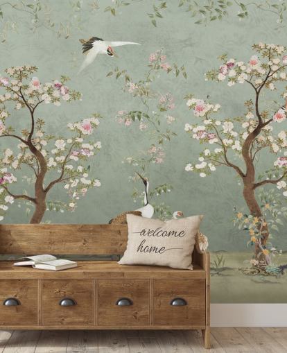 green custom garden mural called Sage Green Lingering Garden Chinoiserie by Bloomery Decor