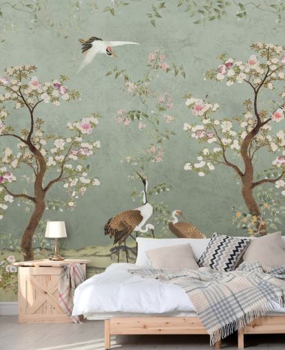 murale da giardino personalizzato verde chiamato Sage Green Lingering Garden Chinoiserie di Bloomery Decor