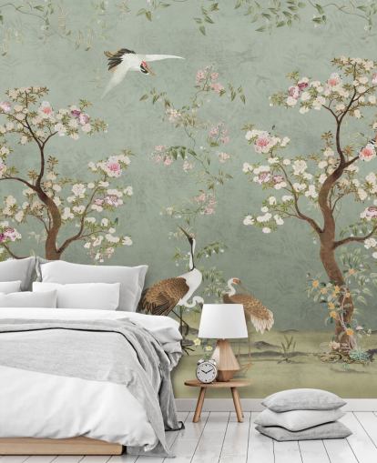 green custom garden mural called Sage Green Lingering Garden Chinoiserie by Bloomery Decor