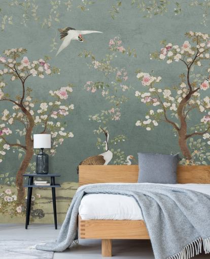 mural de chinoiserie personalizable de color verde azulado llamado Teal Lingering Garden Chinoiserie de Bloomery Decor