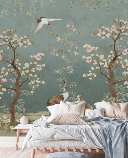 mural de chinoiserie personalizável em azul-petróleo chamado Teal Lingering Garden Chinoiserie da Bloomery Decor mural de chinoiserie personalizável em azul-petróleo chamado Teal Lingering Garden Chinoiserie da Bloomery Decor