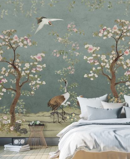 blauwgroen aanpasbare chinoiserie-muurschildering genaamd Teal Lingering Garden Chinoiserie van Bloomery Decor blauwgroen aanpasbare chinoiserie-muurschildering genaamd Teal Lingering Garden Chinoiserie van Bloomery Decor