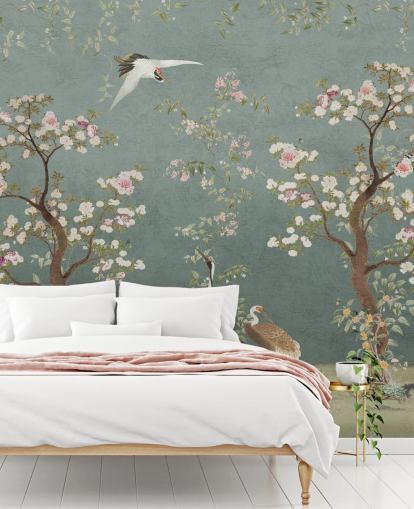 teal customisable chinoiserie mural called Teal Lingering Garden Chinoiserie by Bloomery Decor teal customisable chinoiserie mural called Teal Lingering Garden Chinoiserie by Bloomery Decor