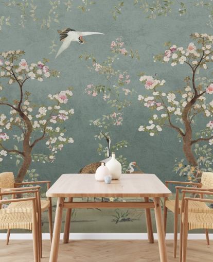 blauwgroen aanpasbare chinoiserie-muurschildering genaamd Teal Lingering Garden Chinoiserie van Bloomery Decor blauwgroen aanpasbare chinoiserie-muurschildering genaamd Teal Lingering Garden Chinoiserie van Bloomery Decor