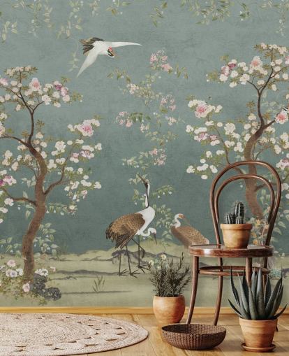 blågrøn tilpasselig chinoiserie vægmaleri kaldet Teal Lingering Garden Chinoiserie af Bloomery Decor