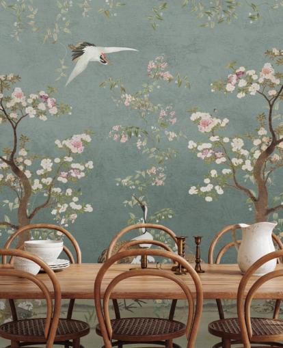 mural de chinoiserie personalizável em azul-petróleo chamado Teal Lingering Garden Chinoiserie da Bloomery Decor mural de chinoiserie personalizável em azul-petróleo chamado Teal Lingering Garden Chinoiserie da Bloomery Decor