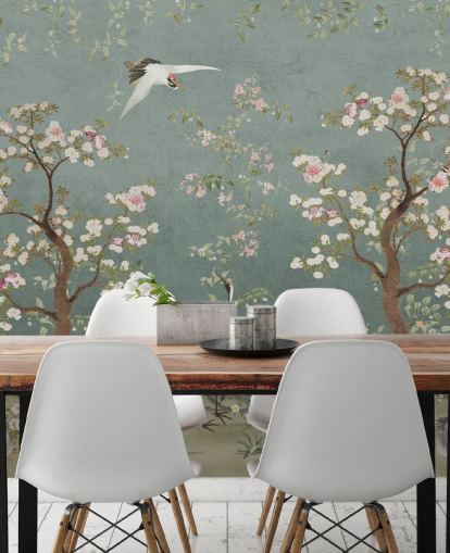 blauwgroen aanpasbare chinoiserie-muurschildering genaamd Teal Lingering Garden Chinoiserie van Bloomery Decor