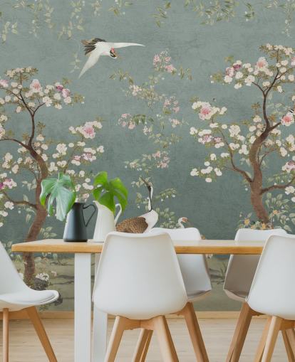 mural de chinoiserie personalizable de color verde azulado llamado Teal Lingering Garden Chinoiserie de Bloomery Decor