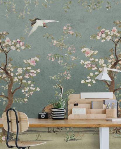 teal customisable chinoiserie mural called Teal Lingering Garden Chinoiserie by Bloomery Decor