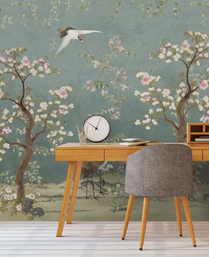 teal customisable chinoiserie mural called Teal Lingering Garden Chinoiserie by Bloomery Decor