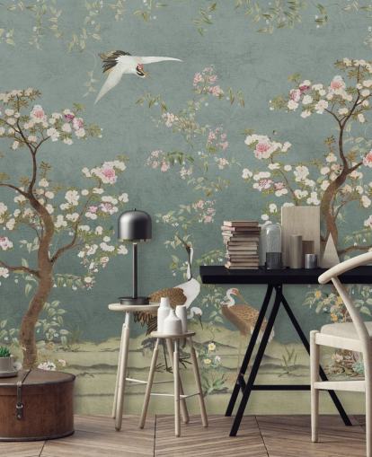 blågrønn tilpassbart chinoiserie veggmaleri kalt Teal Lingering Garden Chinoiserie av Bloomery Decor blågrønn tilpassbart chinoiserie veggmaleri kalt Teal Lingering Garden Chinoiserie av Bloomery Decor