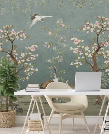 teal customizable chinoiserie mural called Teal Lingering Garden Chinoiserie by Bloomery Decor