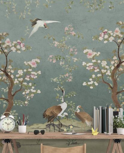 mural de chinoiserie personalizável em azul-petróleo chamado Teal Lingering Garden Chinoiserie da Bloomery Decor