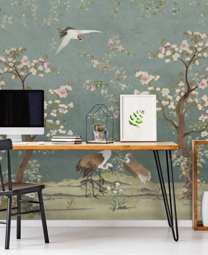 blauwgroen aanpasbare chinoiserie-muurschildering genaamd Teal Lingering Garden Chinoiserie van Bloomery Decor