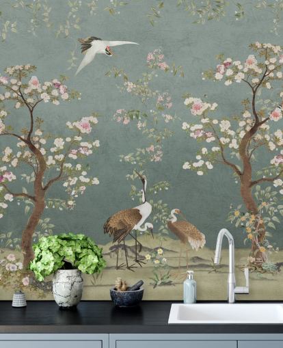 teal customisable chinoiserie mural called Teal Lingering Garden Chinoiserie by Bloomery Decor