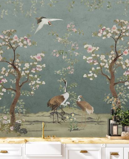 mural de chinoiserie personalizável em azul-petróleo chamado Teal Lingering Garden Chinoiserie da Bloomery Decor