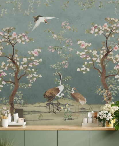 blaugrüner, personalisierbarer Chinoiserie-Wandgemälde namens Teal Lingering Garden Chinoiserie von Bloomery Decor